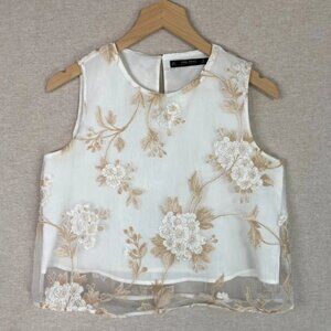 Zara Womens Floral Cottagecore Crop Top Size S Embroidered Flowers Soft Girl